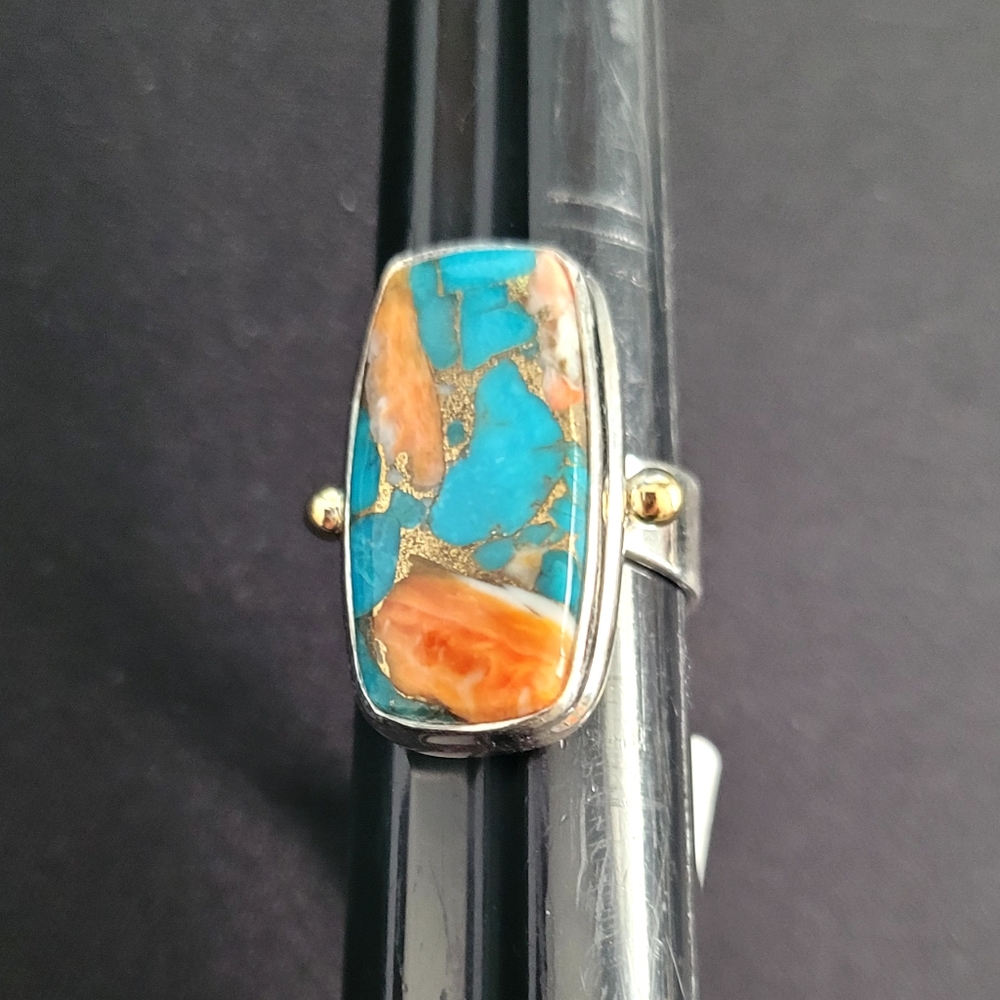 Oyster Copper Turquoise 925 Sterling Silver & Brass Ring 8